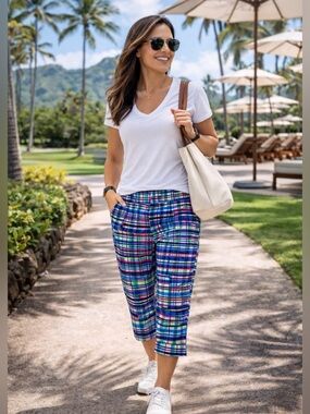 YARN & SEA COLORFUL PLAID CROP PANTS SIZE 8 STRETCH RESORT VACATION GOLF